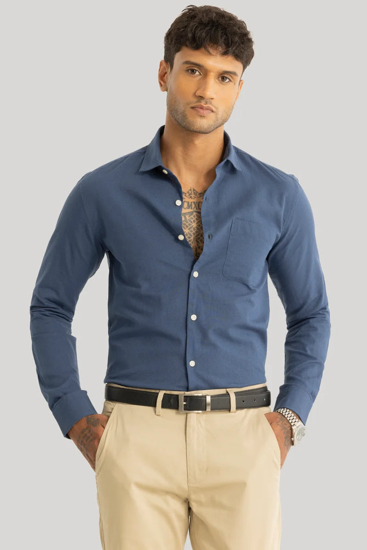 Claudio Blue Plain Linen Shirt