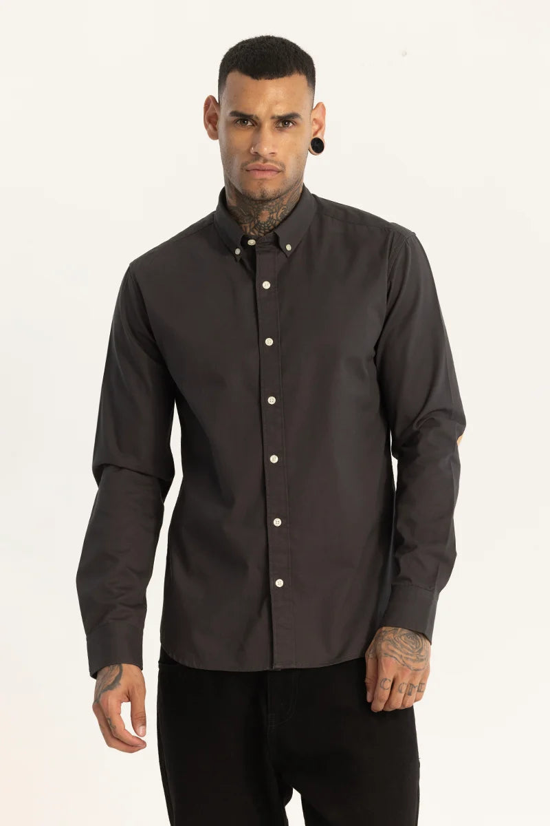 Charcoal Grey Elbow Patch Oxford Shirt