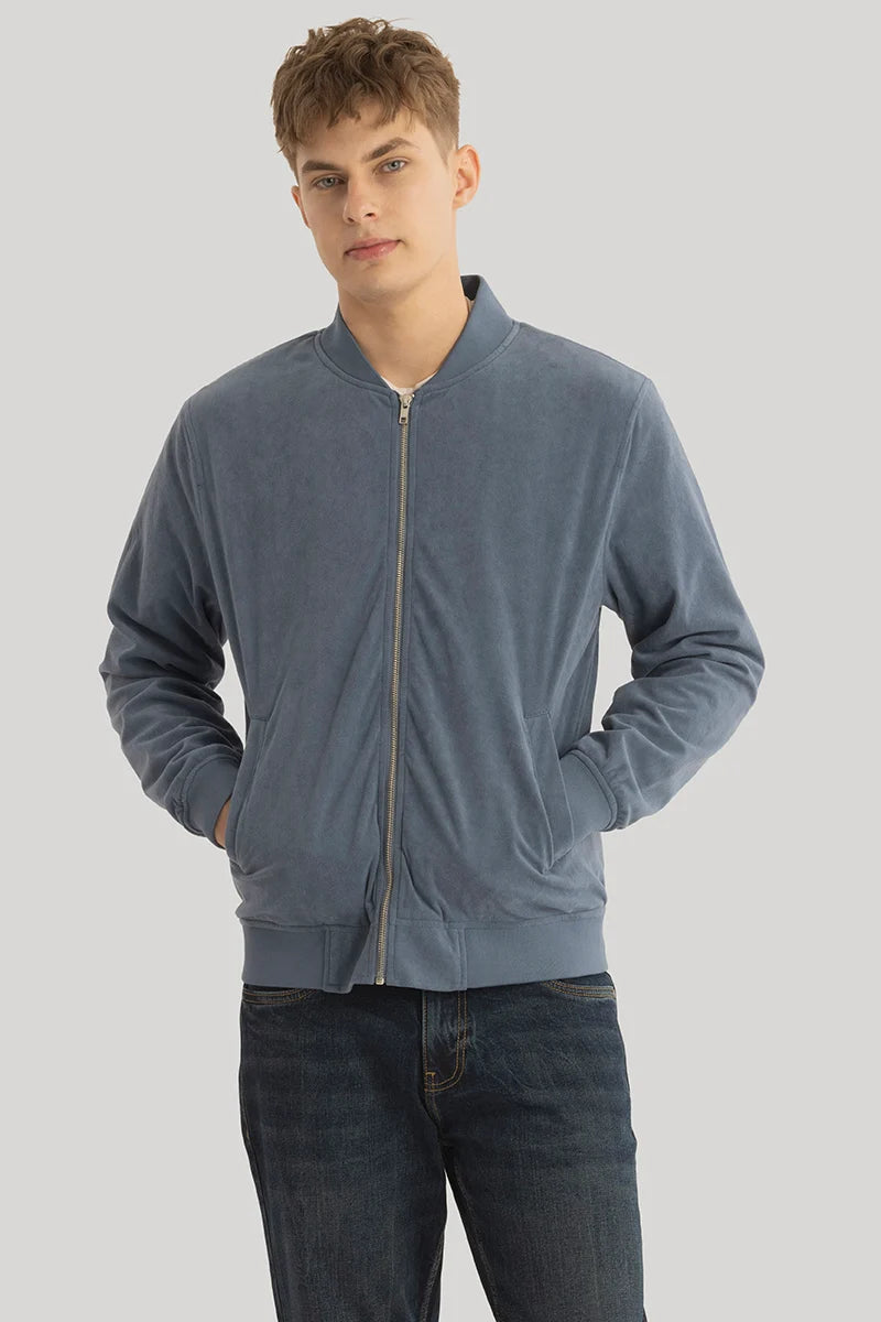 SleekSuede Greyish Blue Plain Bomber Jacket