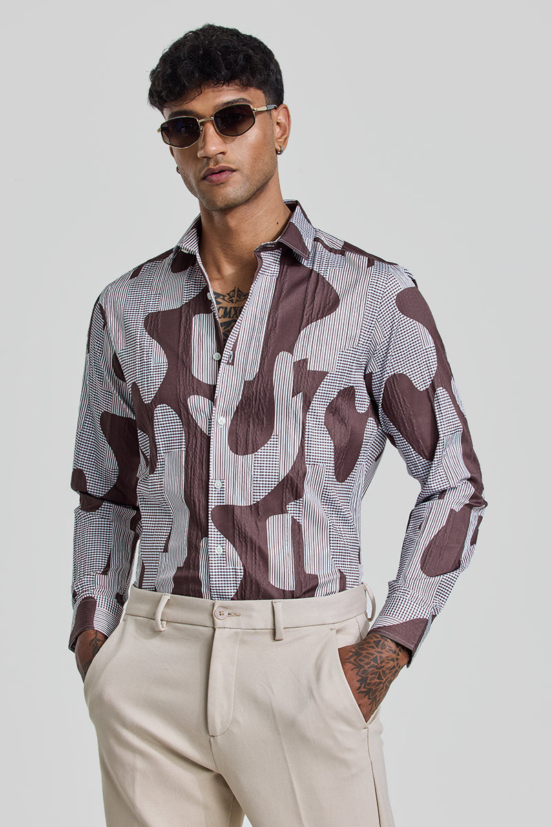 Brown Abstract Slim Fit Shirt