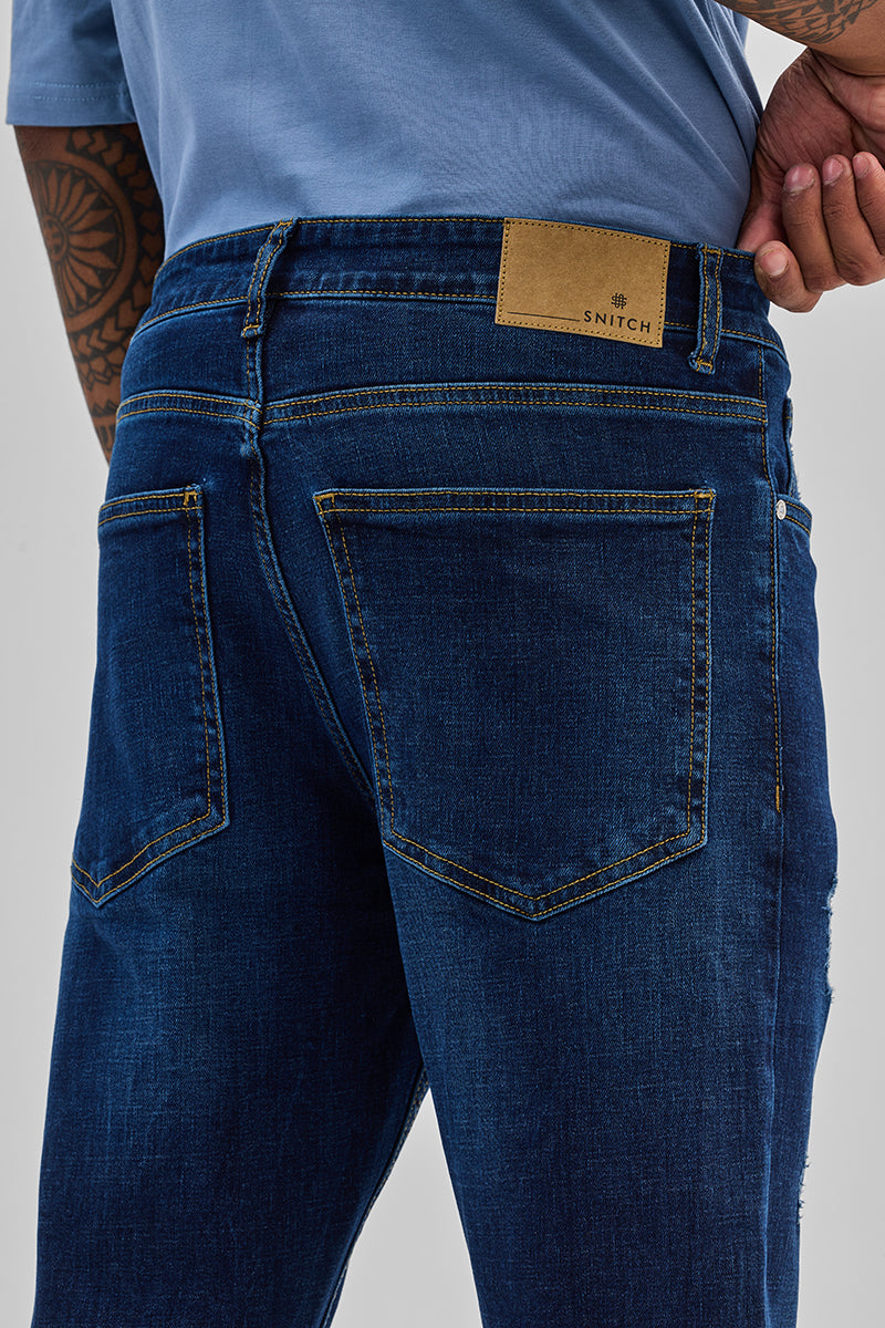 Dark Blue Distressed Regular Fit Jeans