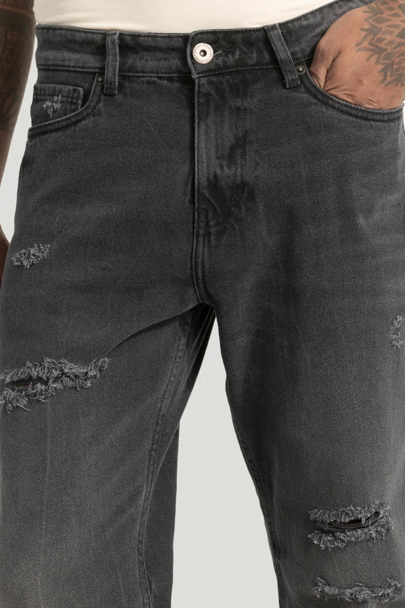 Charcoal Grey Distressed Relaxed Fit Jeans