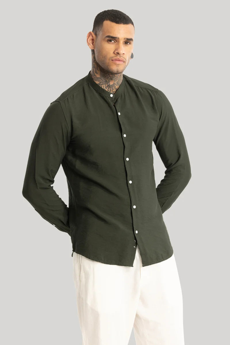 Olive Crushed Mandarin Collar Shirt