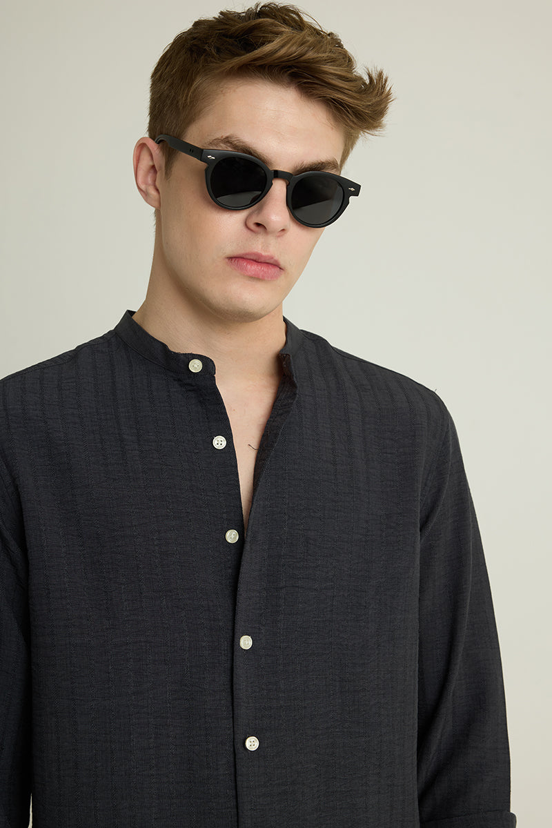 Charcoal Grey Mandarin Textured Shirt