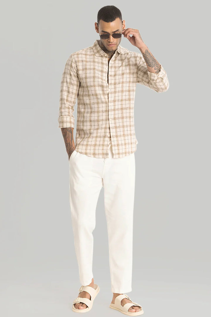 Beige Linen Blend Checks Shirt