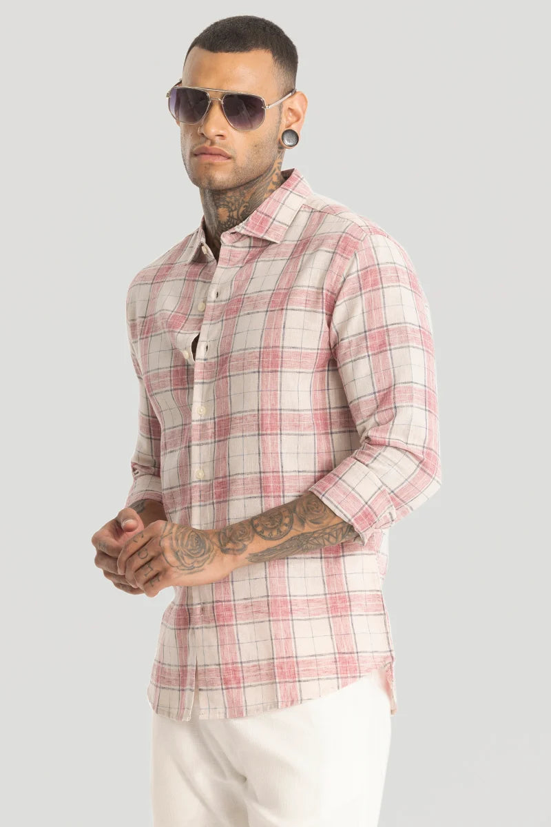 Red Linen Blend Checks Shirt