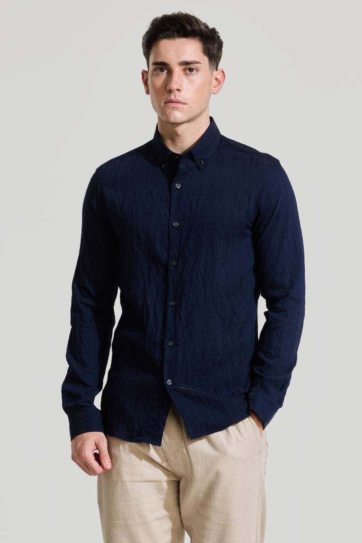 Navy Textured Slim Fit Shirt