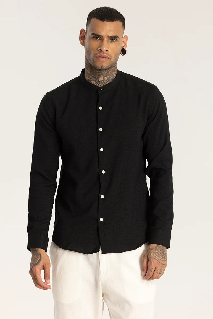 Black Mandarin Linen Shirt