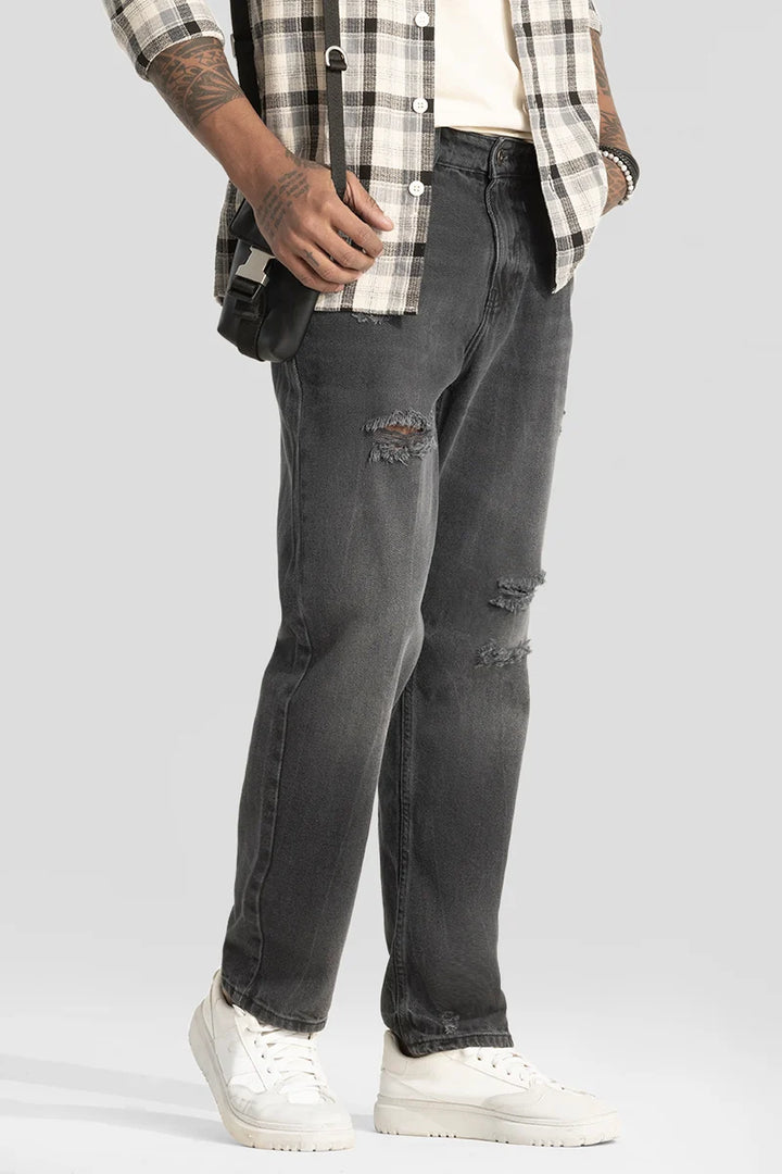 Charcoal Grey Distressed Relaxed Fit Jeans