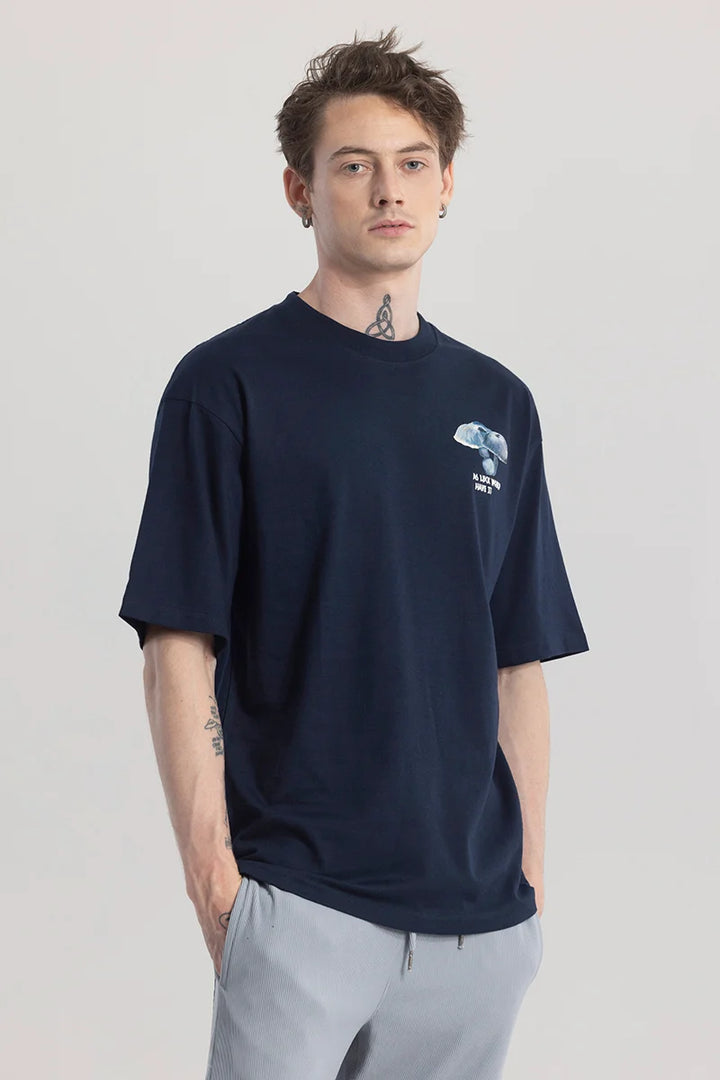 Skythread Navy Blue Graphic Oversized T-shirt