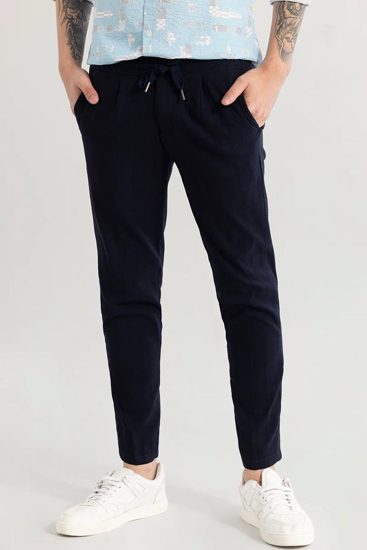 Veluxe Navy Checked Linen Blend Pant