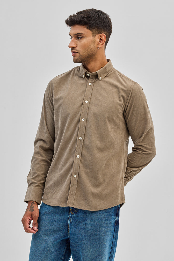 Beige Slim Fit Corduroy Shirt