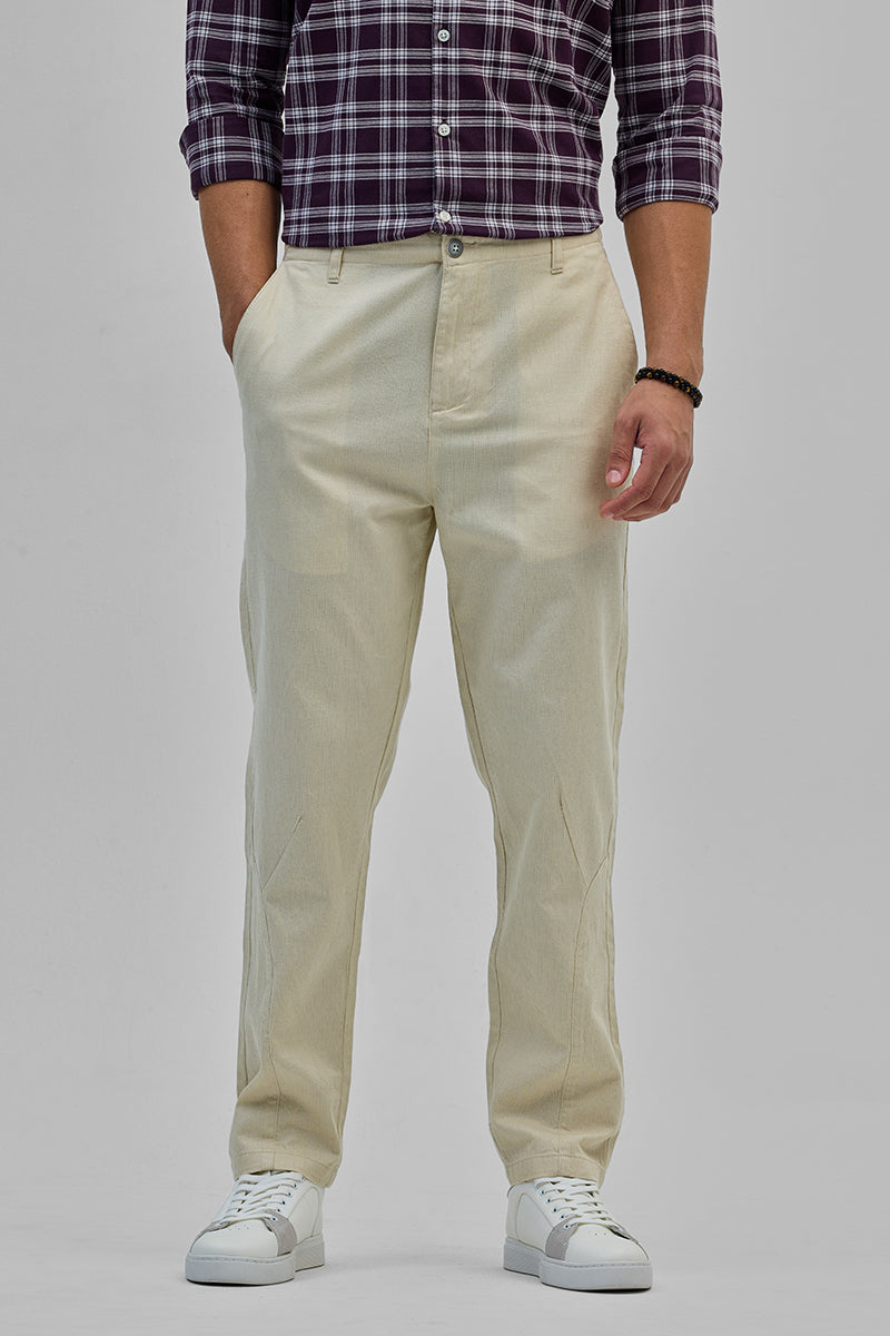 Cream Textured Relaxed Fit Trousers