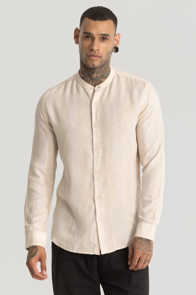 Cream Stripes Linen Blend Shirt