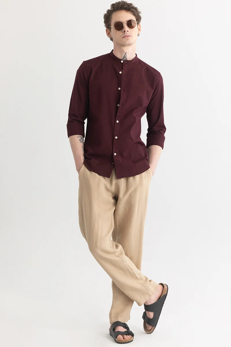 Mandarique Maroon Linen Blend Shirt