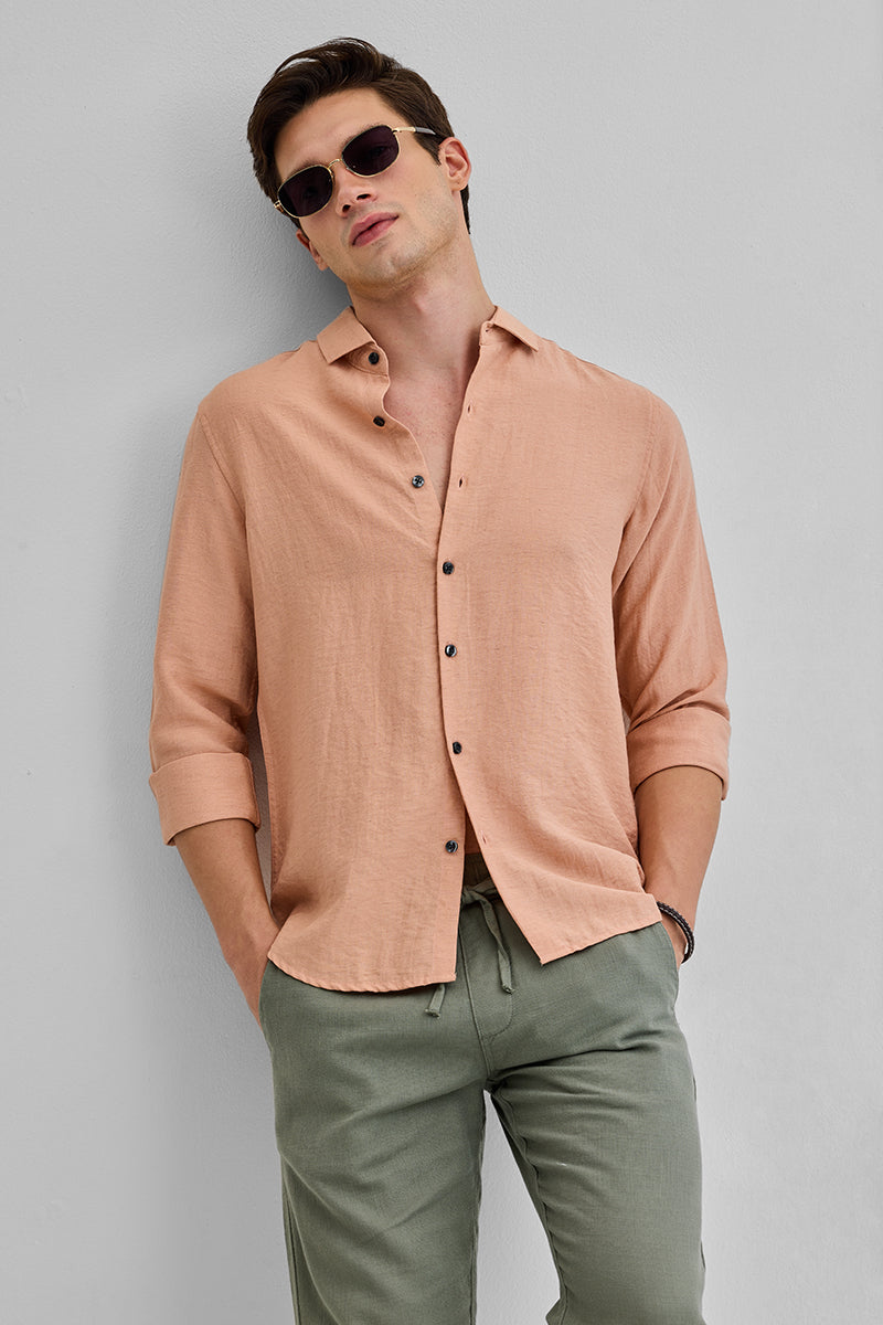 Peach Textured Linen Blend Shirt