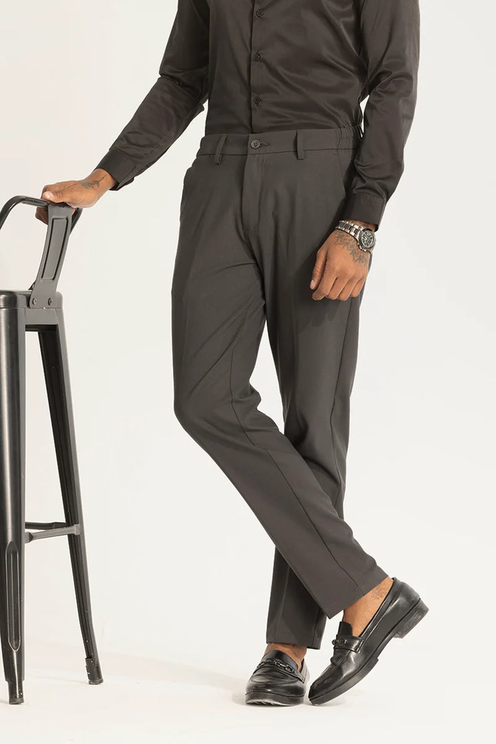 Grey Self-Design Slim Fit Trousers