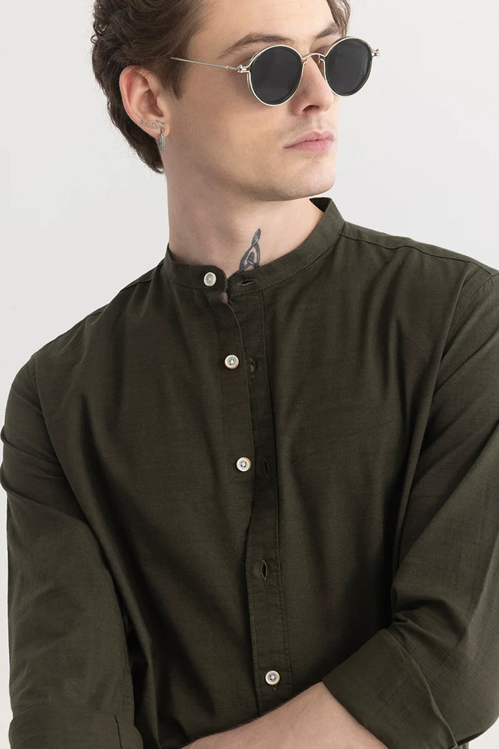 Mandarique Olive Linen Blend Shirt