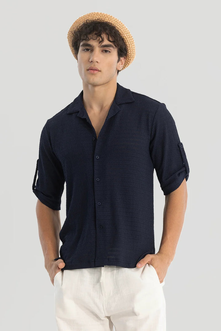 Navy Self-Design Cuban Shirt