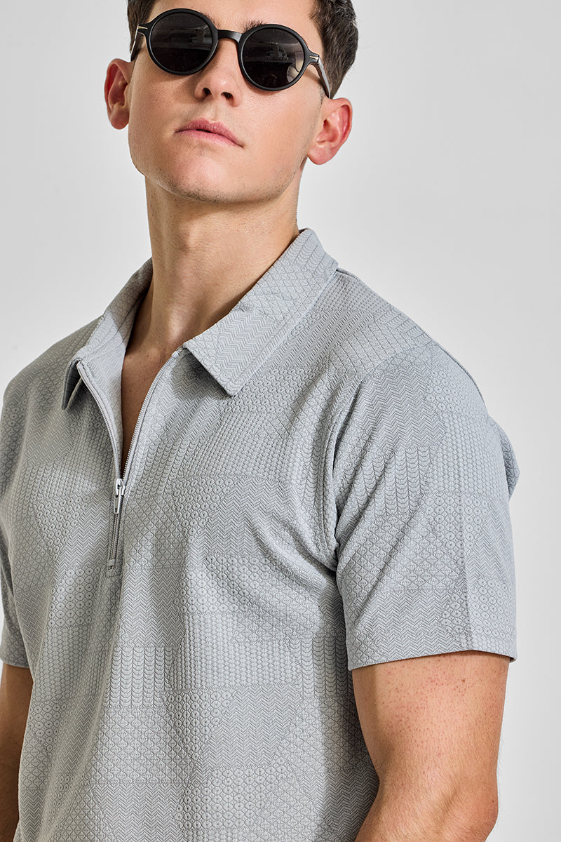 Grey Zipper Textured Polo T-Shirt