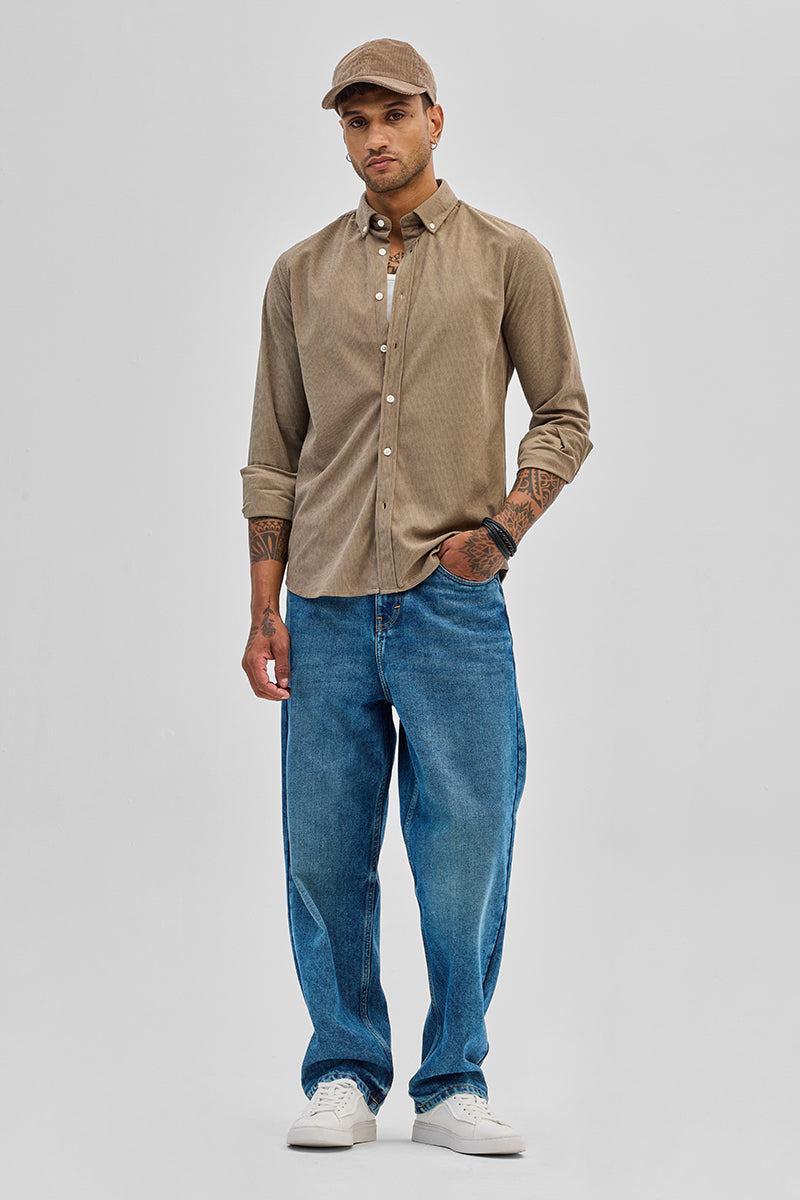 Beige Slim Fit Corduroy Shirt