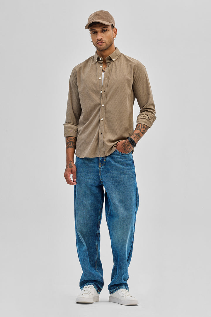 Beige Slim Fit Corduroy Shirt