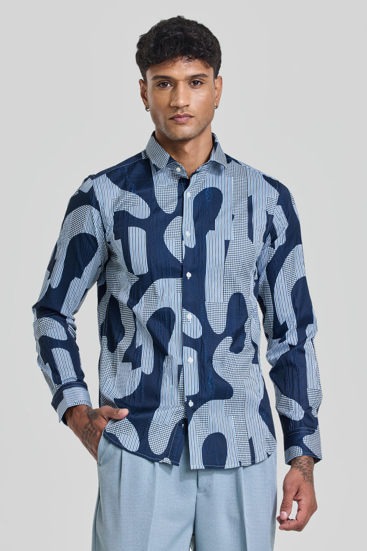 Navy Abstract Slim Fit Shirt