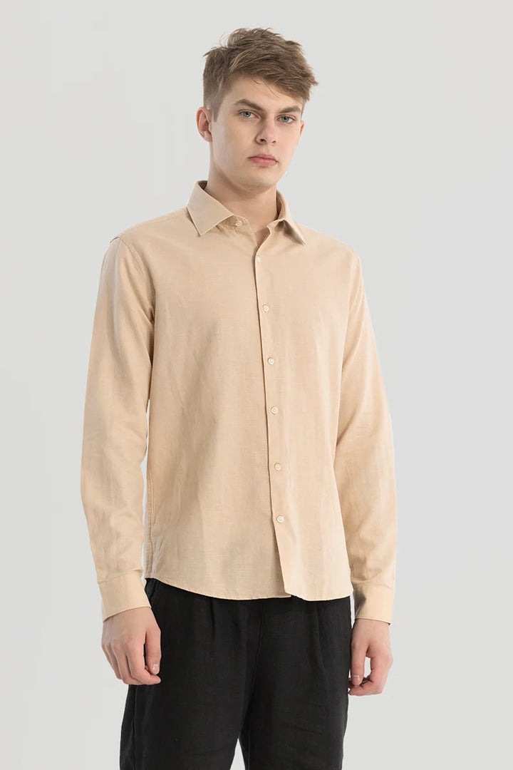 Beige Plain Linen Blend Shirt