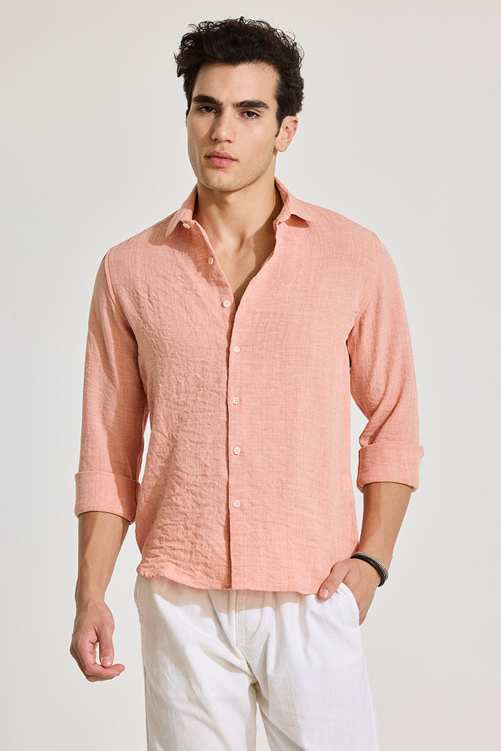 Peach Textured Slim Fit Shirt