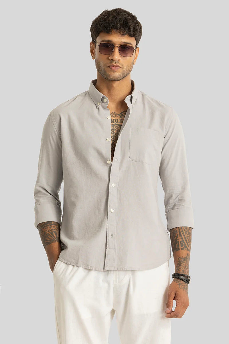 Henri Light Grey Plain Linen Blend Shirt