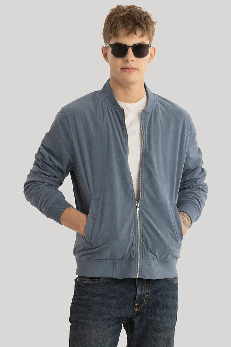 SleekSuede Greyish Blue Plain Bomber Jacket