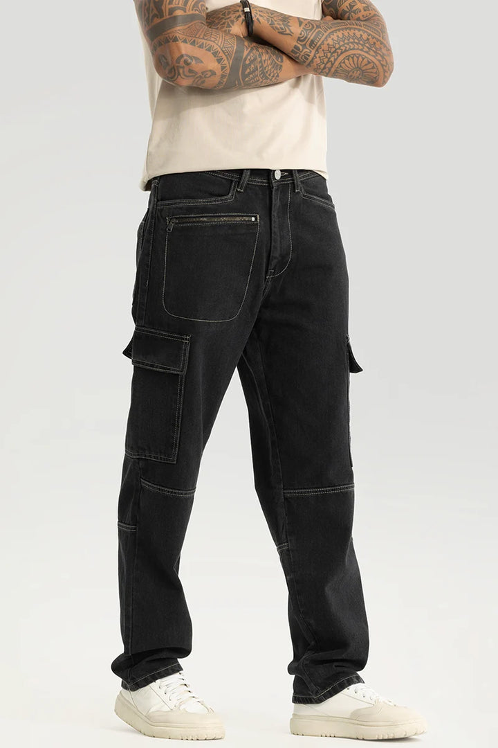 Empyrean Black Plain Straight Fit Cargo Jeans