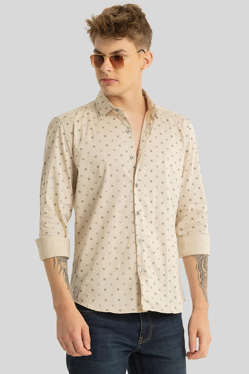 Beige Printed Slim Fit Shirt