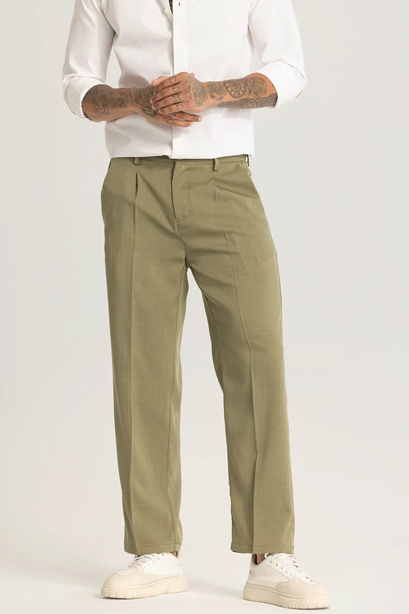 Olive Plain Relaxed Fit Trousers