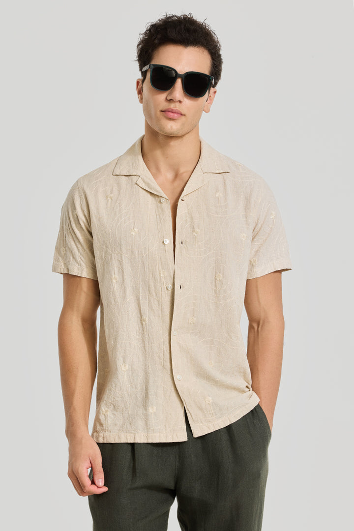 Cream Embroidered Cuban Shirt