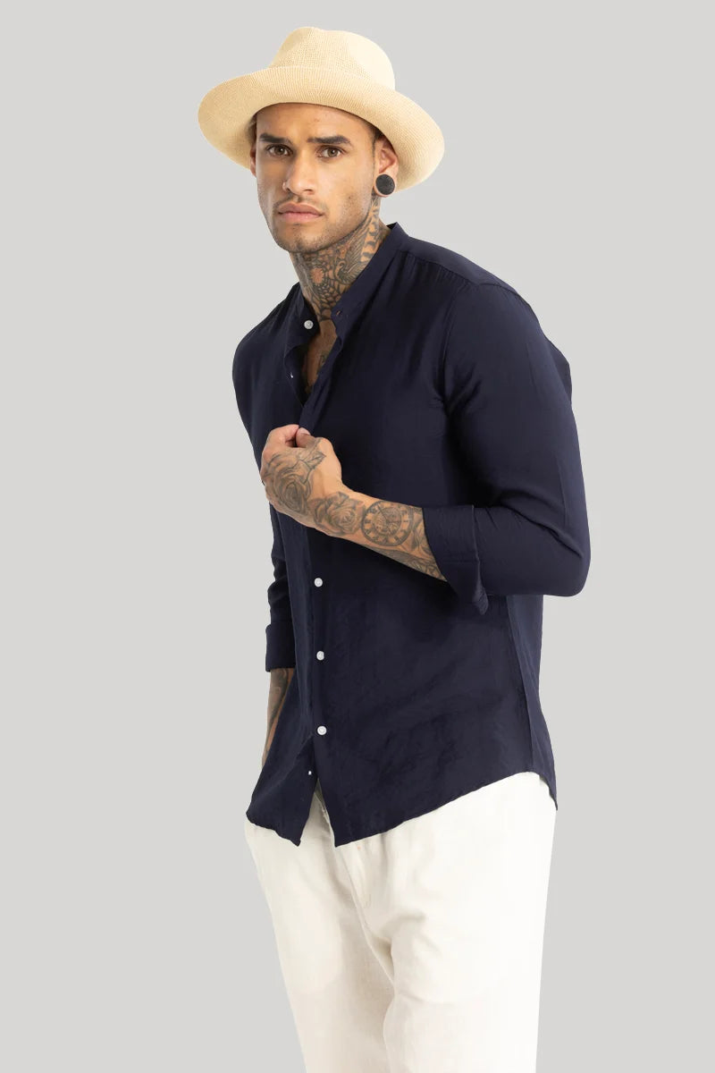 Navy Crushed Mandarin Collar Shirt