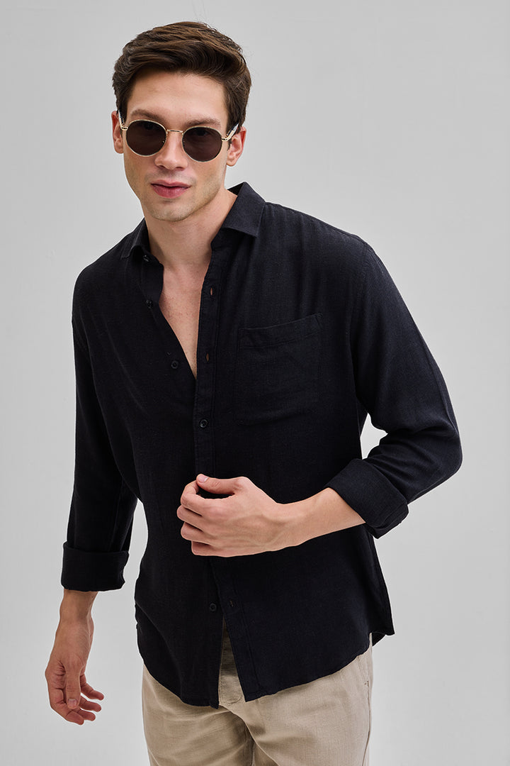 Black Slim Fit Linen Shirt