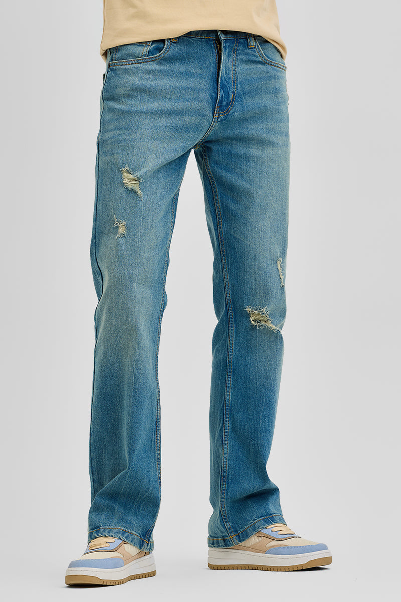 Blue Distressed Bootcut Jeans