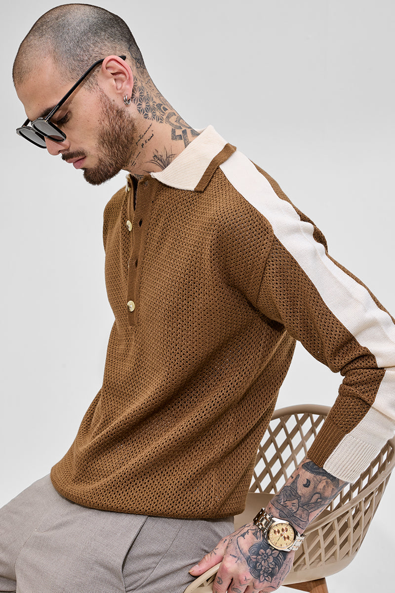 Brown Colourblocked Knitted Polo T-Shirt