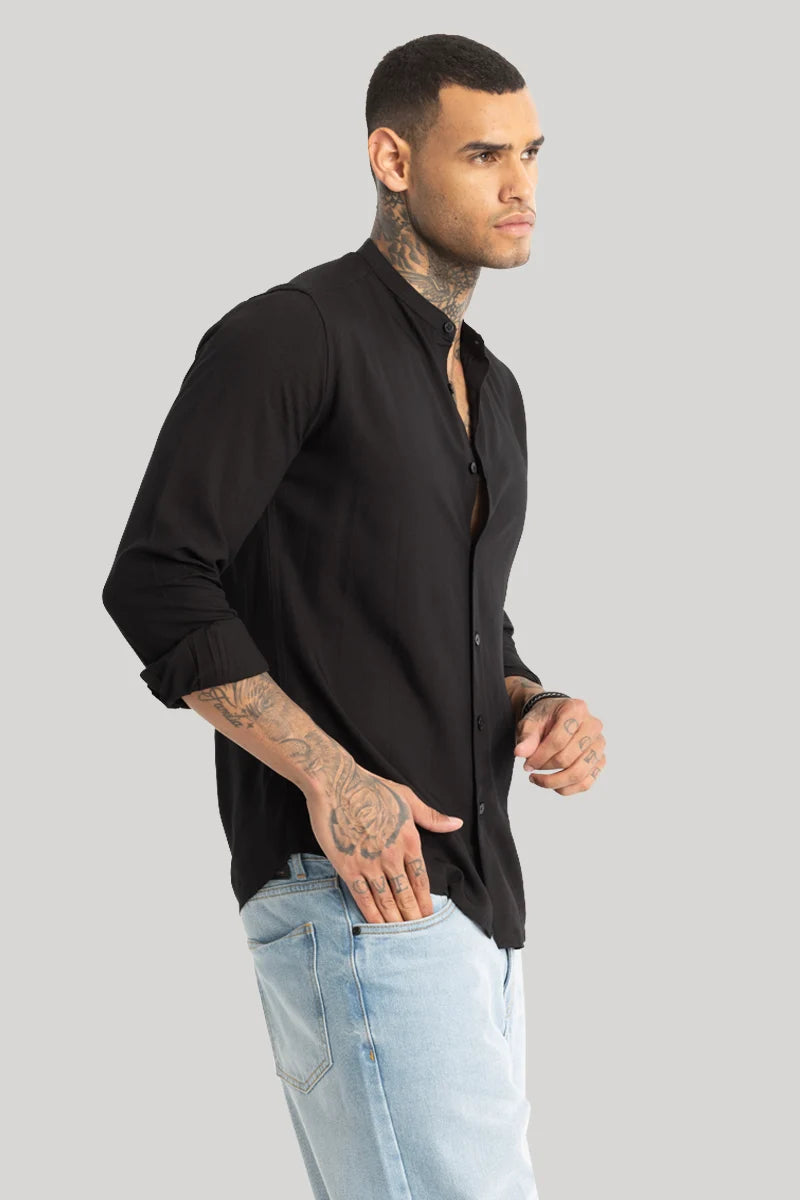 Black Mandarin Collar Shirt