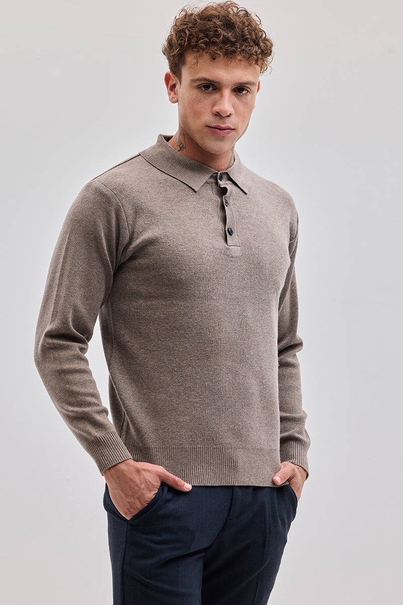 Light Brown Knitted Polo Sweater