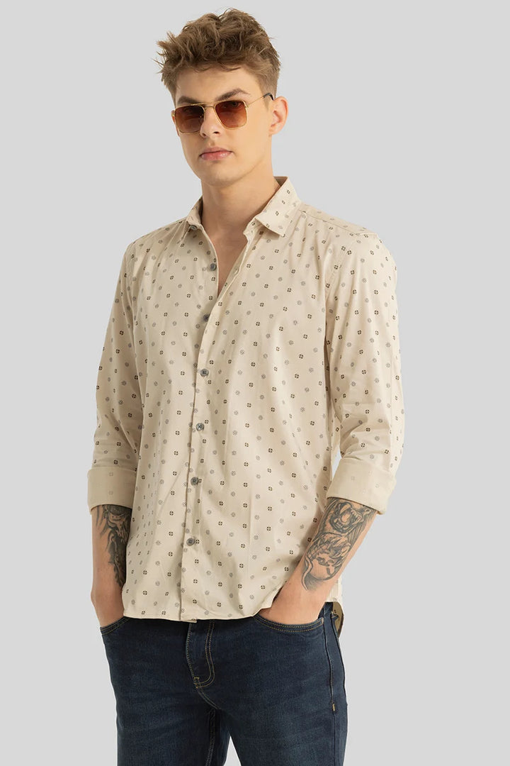 Beige Printed Slim Fit Shirt