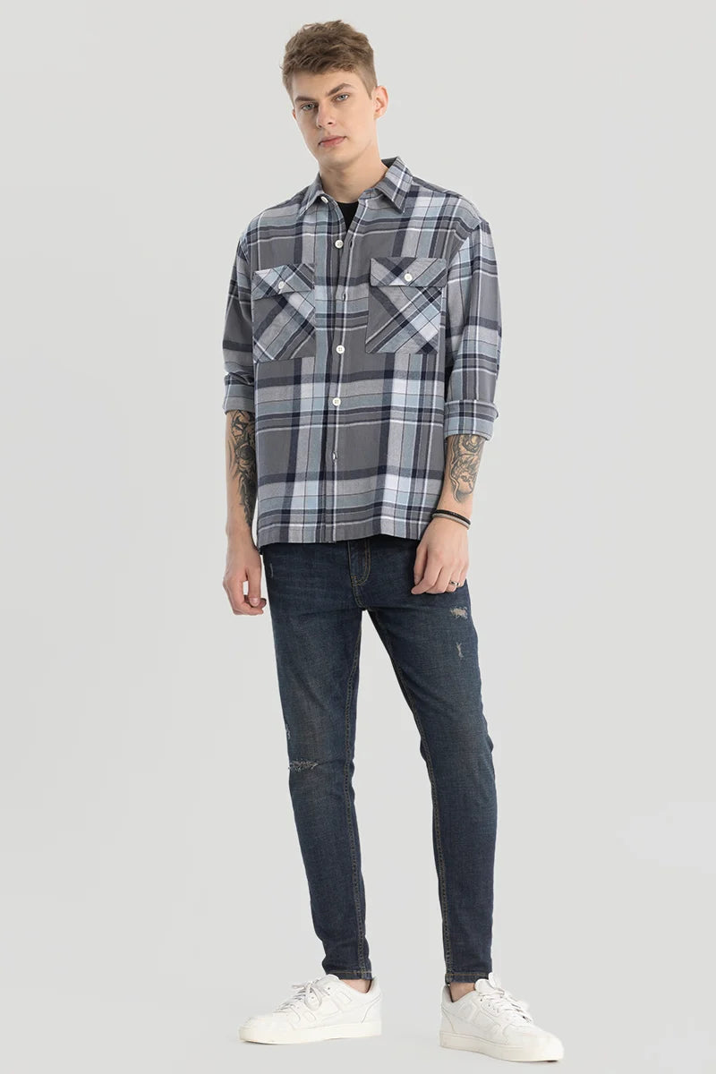 Grey Double Pocket Checks Shirt