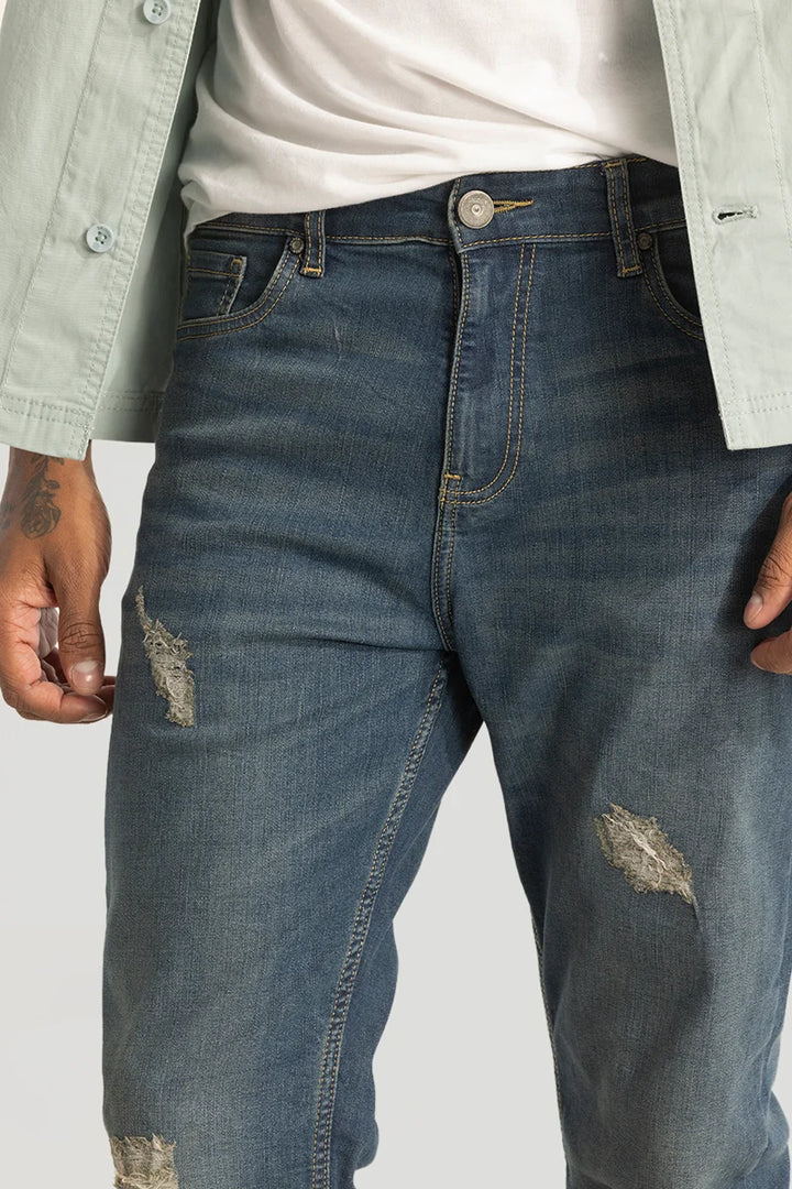 Blue Distressed Comfort Fit Jeans