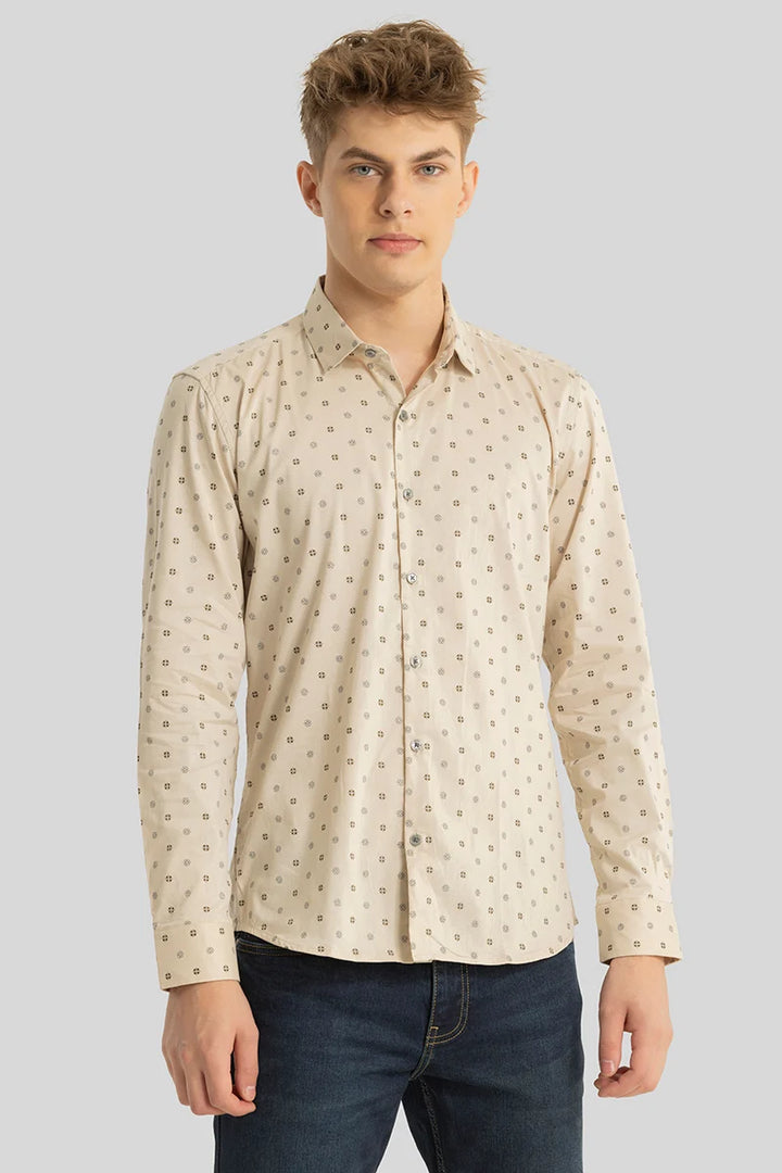 Beige Printed Slim Fit Shirt