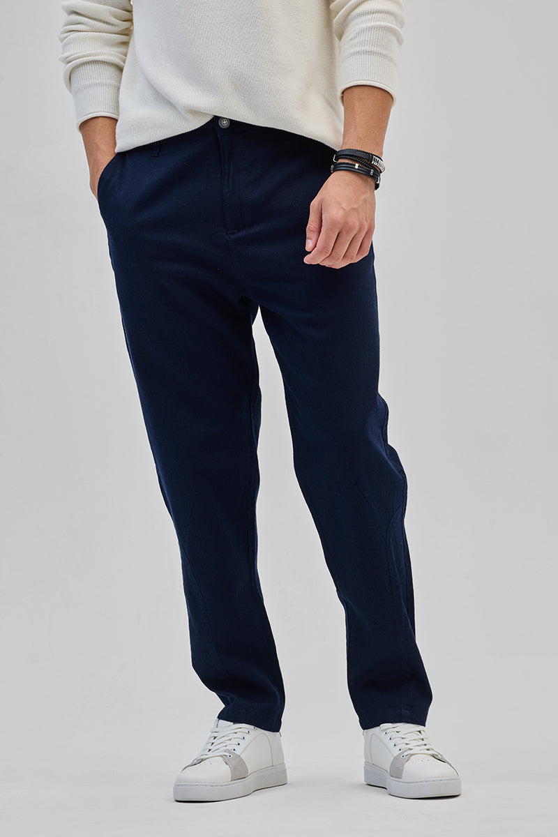 Navy Textured Relaxed Fit Trousers