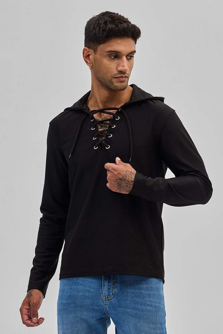 Black Lace-Up Textured Hoodie