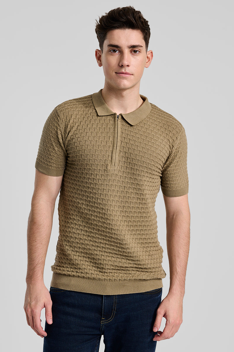 Khaki Zipper Knitted Polo T-Shirt