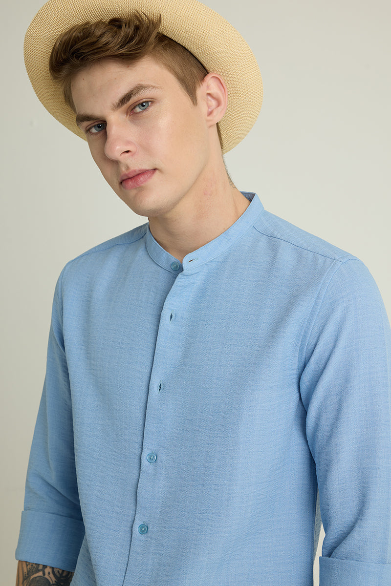 Light Blue Mandarin Self Stripe Shirt