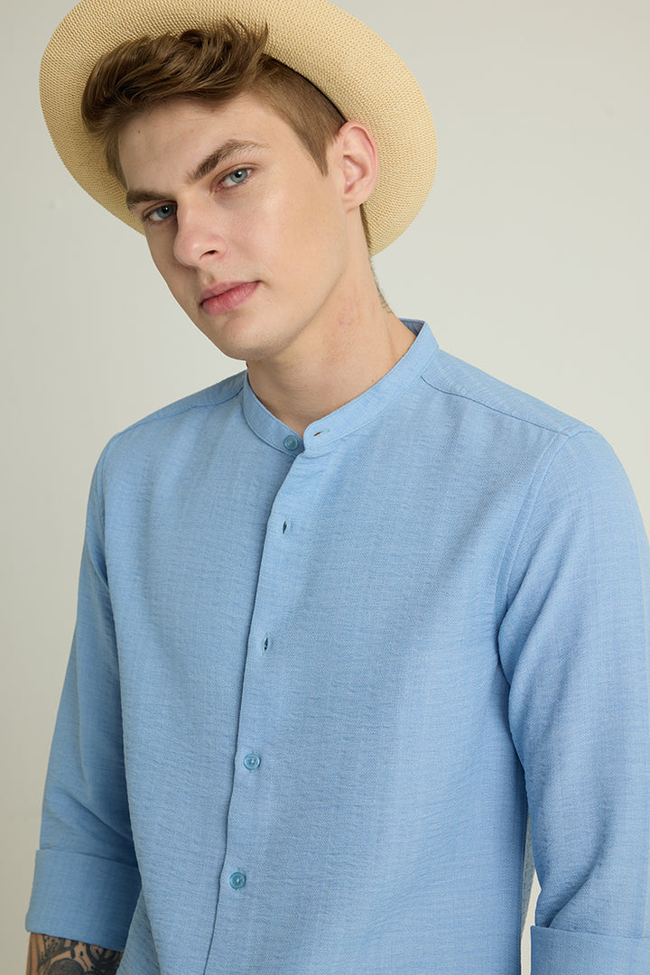 Light Blue Mandarin Self Stripe Shirt